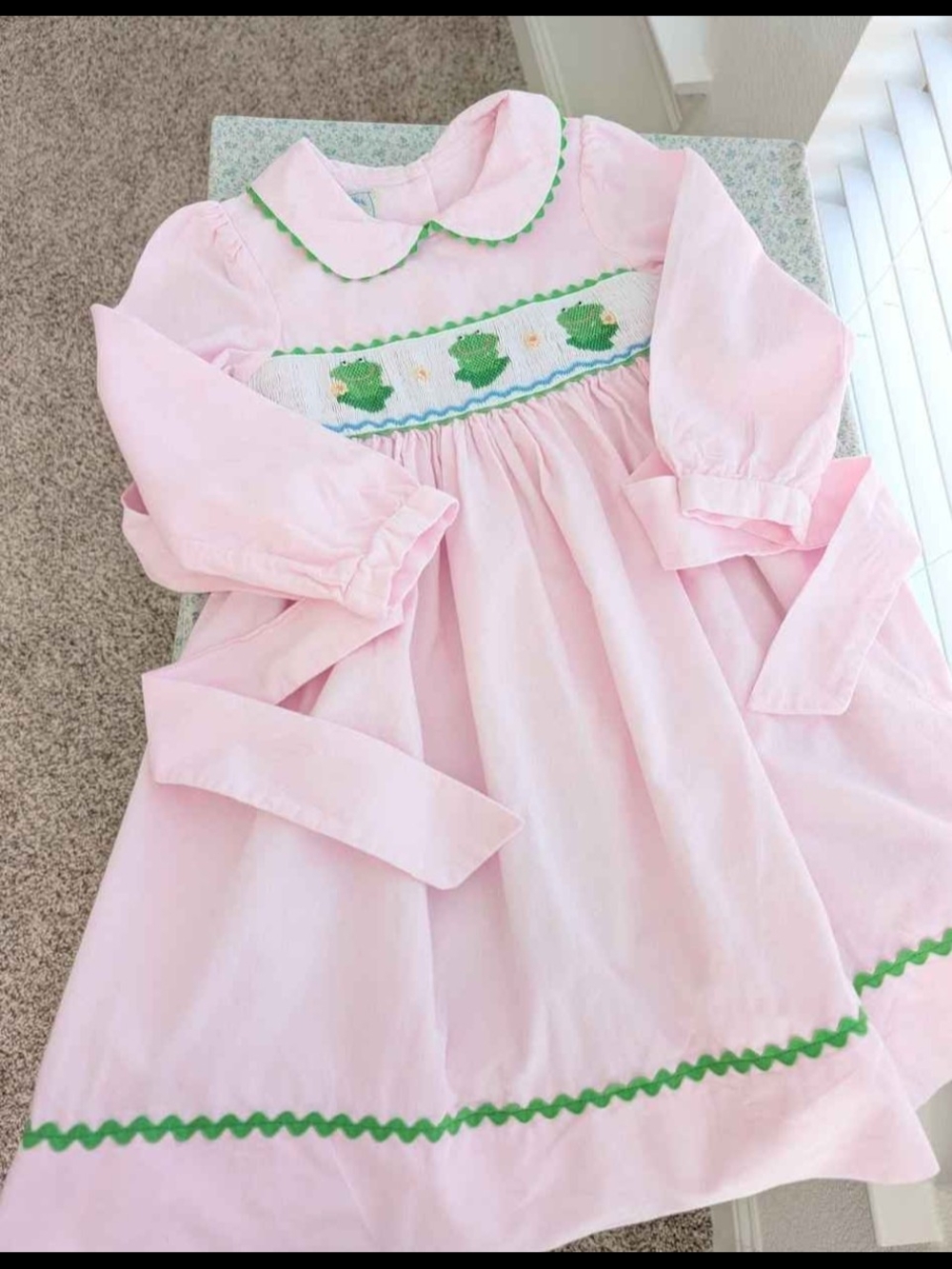 Smocked Long Sleeve Pink Corduroy Frog Dress